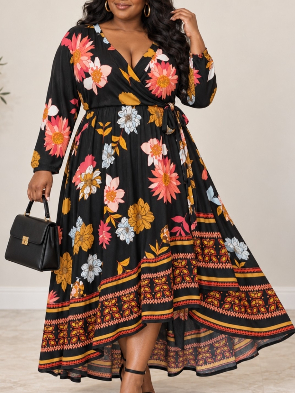 🔥Mlle Gabrielle Black Midi Wrap Dress with Pink, Mustard & Light Blue Florals